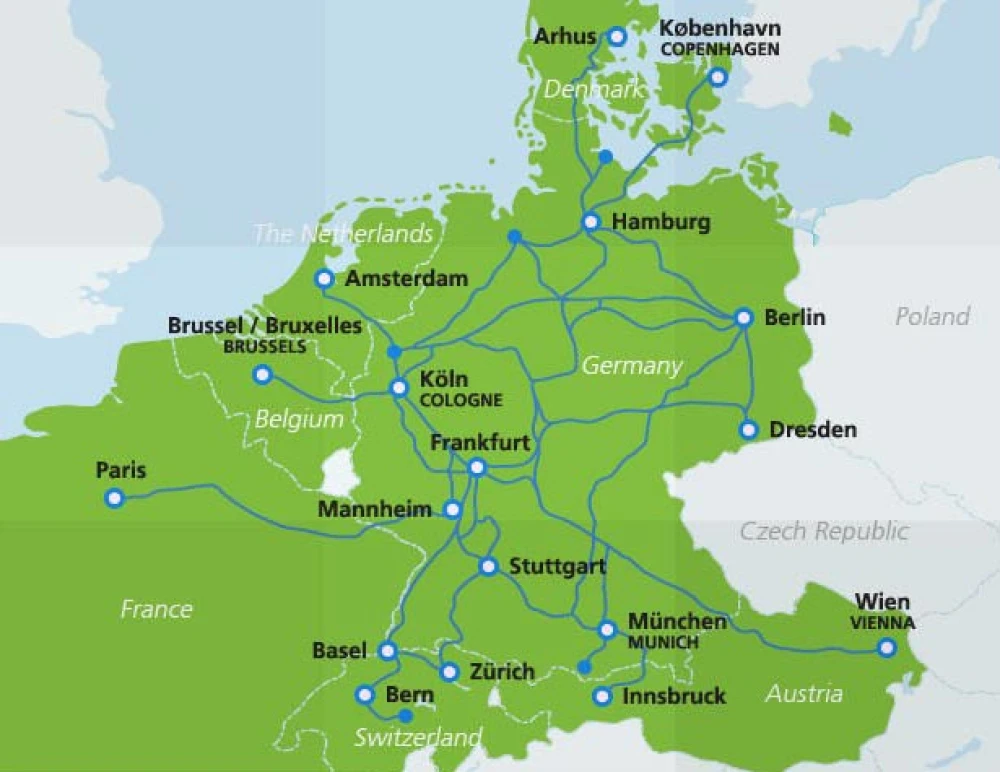 德铁 ICE 的跨境长途国际列车线路地图