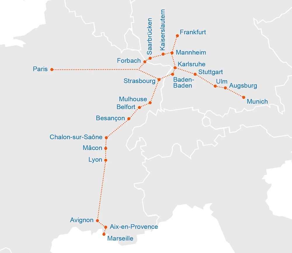 法国到德国跨境高铁线路图