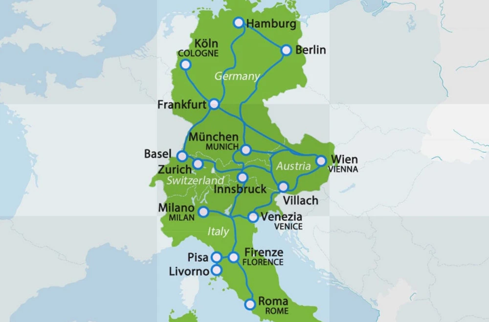 奥地利联邦铁路夜行列车 ÖBB Nightjet 线路图