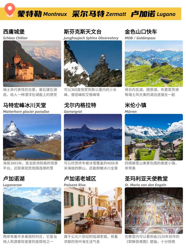 瑞士12城72个主要景点合集